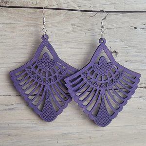 Wood Earrings - Purple Ornate Fan